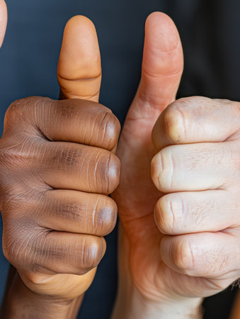 A diverse group of smiling employees, thumbs up raised in unison, celebrate Employee Appreciation Day  Their vibrant energy and shared success radiate in this heartwarming photo, capturing the positive spirit and friendly work environment A powerful image of teamwork and camaraderie AI Generativeの素材