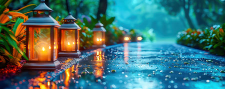 A path illuminated by glowing heart-shaped lanterns creates a romantic ambiance perfect for a Valentine&#39;s Day celebration The warm light casts enchanting shadows, making for a breathtakingly beautiful scene ideal for capturing love, intimacy, and special moments AI Generativeの素材