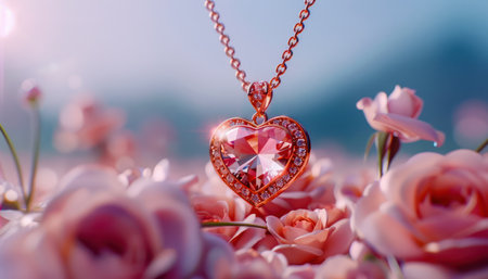 A luxurious Valentine&#39;s Day photo featuring a heart-shaped jewel nestled on a bed of velvety red roses This image evokes romance, elegance, and the ultimate expression of love Perfect for promoting jewelry, gifts, and special occasions AI Generativeの素材