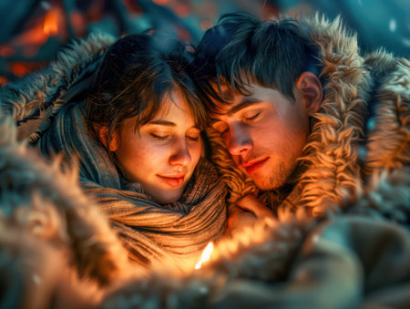 A romantic couple, nestled in a cozy blanket by a crackling fireplace, exudes warmth and love on a winter&#39;s evening  Their intimate embrace celebrates Valentine&#39;s Day with a sense of togetherness and comfort Perfect for showcasing love, romance, and the cozy spirit of winter AI Generativeの素材