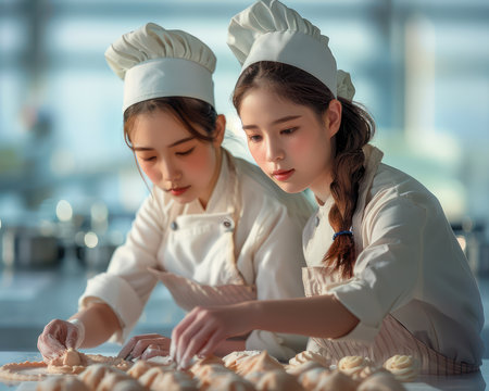 A group of talented female chefs inspire aspiring cooks during a Women&#39;s History Month cooking class The supportive environment fosters culinary education and skill development, empowering women to pursue their passion in the kitchen AI Generativeの素材