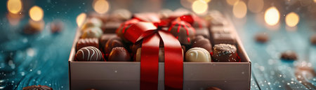 A luxurious Valentine&#39;s Day gift!  A beautiful box filled with assorted chocolates, tied with a delicate red ribbon  The perfect sweet treat to express your love and affection  Indulge your loved one with this romantic gesture and make their Valentine&#39;s Day unforgettable AI Generativeの素材
