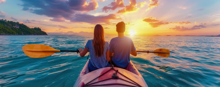 A couple, hand-in-hand, share a romantic boat ride as the sun dips below the horizon on Valentine&#39;s Day Bathed in the golden glow of sunset, they embrace the tranquility of the water, surrounded by breathtaking natural beauty This idyllic moment creates a memory to cherish forever AI Generativeの素材