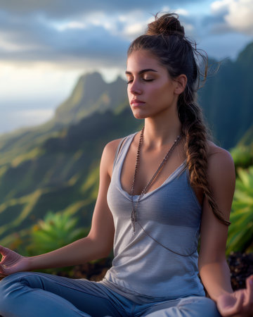 Celebrate Women&#39;s History Month with a collection of inspiring photos showcasing women finding inner peace through meditation in nature Capture the serenity and harmony as women connect with the natural world, embracing their inner strength and finding balance These images offer a visual journey of tranquility and empowerment AI Generativeの素材