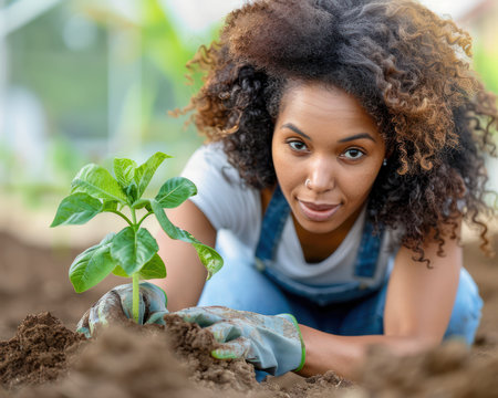 Women gather in their local community garden, celebrating Women&#39;s History Month by planting seeds and nurturing green initiatives This photo captures the empowerment and environmental impact of women working together to create a greener, healthier neighborhood AI Generativeの素材
