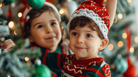 Festive cheer fills the air as children, faces beaming with excitement,  work diligently to adorn their home with colorful ornaments and twinkling lights The joy of holiday preparations is palpable, captured in every smiling face and joyful giggle AI Generativeの素材