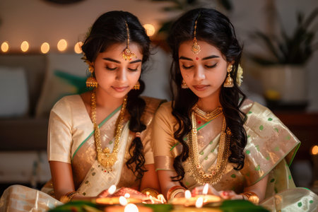 Vibrant and elegant, women in traditional lehengas celebrate Diwali, the Festival of Lights Stunning photos capture the festive spirit with intricate details of their attire, ornate jewelry, and twinkling lights Immerse yourself in the splendor of Indian culture during this joyous occasion AI Generativeの素材