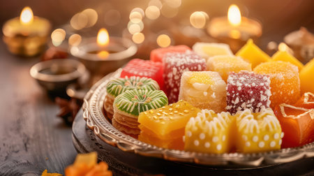 A vibrant platter overflows with traditional Indian Diwali sweets, including laddoos, barfis, and gulab jamuns, arranged artfully for a festive celebration  The colorful desserts, garnished with nuts and silver leaf, evoke the spirit of the Festival of Lights,  inviting a delightful sensory experience AI Generativeの素材
