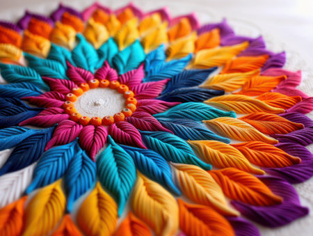 This photostock showcases the vibrant beauty of traditional Rangoli designs Explore stunning colorful patterns and festive decorations, ideal for celebrations  Enhance your home with beautiful and unique traditional Rangoli art, a timeless Indian tradition Discover the intricate details and captivating colors that bring joy and good luck to any occasion AI Generativeの素材