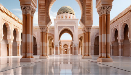 A stunning photograph captures the intricate beauty of a mosque adorned with elaborate designs The image exudes a sense of reverence and peace, celebrating the spirit of Ramadan This sacred place of worship is adorned with exquisite details, creating a breathtaking visual feast AI Generativeの素材