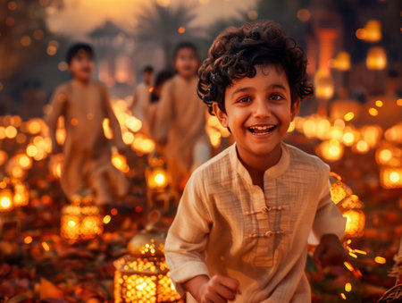 Children&#39;s laughter echoes through the night as they playfully run around with lanterns, illuminating the spirit of Ramadan The joy of the festive season is palpable as families gather, celebrating with vibrant traditions and cherished memories AI Generativeの素材