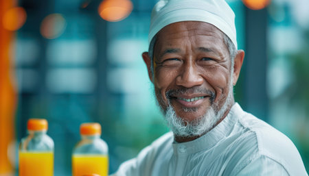A heartwarming image capturing the spirit of Ramadan An elderly man beams with joy as he shares a meal during the holy month, embodying the values of generosity, kindness, and tradition This photo encapsulates the essence of community and the spirit of giving that defines this sacred time AI Generativeの素材