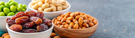 A stunning platter of dates and nuts, perfect for breaking the fast during Ramadan This beautifully arranged spread offers a selection of healthy and delicious snacks, creating a memorable and festive atmosphere for your Iftar celebration The vibrant colors and enticing textures make this platter a visual feast, while the nourishing ingredients provide essential energy and nutrients after a day of fasting AI Generativeの素材