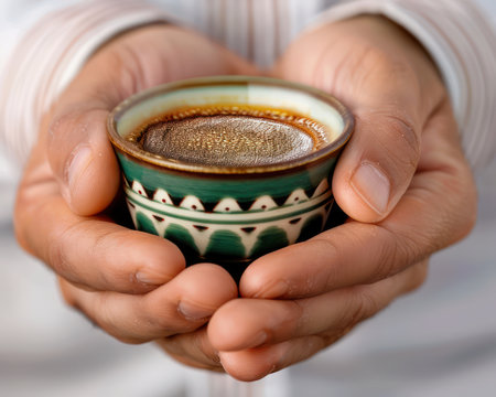 Two hands delicately hold a traditional Arabic coffee cup, a symbol of hospitality and community during Ramadan This captivating image captures the essence of this unique ritual, offering a glimpse into the cultural significance of shared moments during the holy month AI Generativeの素材