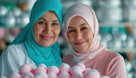 A heartwarming scene of women bonding over traditional Ramadan sweets They share recipes, laughter, and the joy of festive preparations, strengthening community spirit and preserving cultural heritage The aroma of freshly baked treats fills the air, a testament to the enduring power of tradition and shared culinary experiences AI Generativeの素材