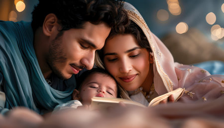 A family gathered in the glow of Ramadan, their faces illuminated by the sacred verses of the Quran  Their shared reading strengthens their spiritual connection, fosters worship, and deepens their bonds This intimate moment captures the essence of faith and reflection during the Holy Month AI Generativeの素材