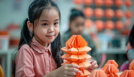 A group of people, likely family and friends, gather around a table, engaged in the joyful tradition of creating Ramadan lanterns Their hands skillfully work with colorful materials, crafting beautiful and authentic handmade decorations to celebrate the holy month The scene captures the spirit of community, creativity, and the joy of Ramadan AI Generativeの素材