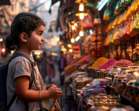 A joyous family strolls through a vibrant Ramadan bazaar, their eyes sparkling with wonder  Delicious aromas fill the air as they browse colorful stalls laden with festive decorations and traditional clothing  The magic of Ramadan celebrations comes alive in this heartwarming scene AI Generativeの素材