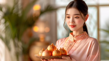 A woman adds the finishing touches to her home decor for Ramadan, creating a festive atmosphere  She carefully places beautiful ornaments, adding a touch of sparkle and elegance to the space The warm glow of lights and vibrant colors of the decorations create a welcoming ambiance for celebrating the holy month AI Generativeの素材