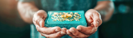 A pair of hands reverently hold a beautifully decorated Quran, its intricate calligraphy glowing with spiritual significance The scene evokes the deep faith and devotion of Ramadan, as the Holy Book inspires reflection and connection to the divine The image captures the essence of Islamic scriptures and their enduring power AI Generativeの素材