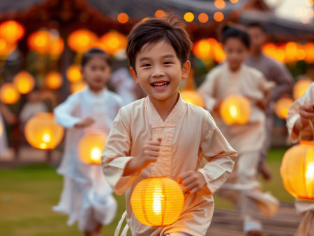A vibrant scene of children running with lanterns, their laughter echoing through the night, captures the joyous spirit of Ramadan The glow of the lanterns illuminates the celebration, reflecting the warmth and tradition of this special time This heartwarming photo embodies the essence of cultural festivity AI Generativeの素材