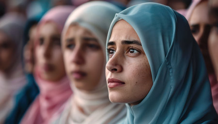 A powerful image capturing the essence of Ramadan worship  A group of women, clad in traditional attire, are engaged in fervent prayer, their heads bowed in devotion The image exudes an atmosphere of unity, peace, and spiritual connection, highlighting the communal aspect of Islamic faith during Ramadan AI Generativeの素材