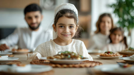 A beautifully decorated table, overflowing with traditional Ramadan dishes, unites a family in warmth and celebration Laughter and conversation fill the air as they break their fast together, creating a vibrant tapestry of togetherness, tradition, and love  The festive atmosphere shines with unity and shared joy AI Generativeの素材