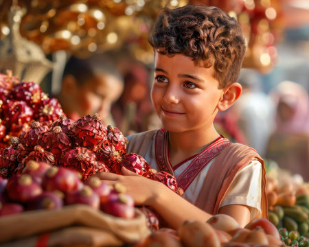 A heartwarming scene of a family enjoying the festive atmosphere of a Ramadan bazaar Adorned with vibrant decorations, the market is filled with the sights and sounds of the celebration, creating cherished memories for the family Capture the joy and togetherness of this special occasion AI Generativeの素材