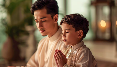 A father and son stand together in prayer during Ramadan, their shared faith and devotion reflected in their posture The intimate moment celebrates familial bonding, the enduring power of tradition, and the quiet beauty of spirituality A cherished snapshot of togetherness and faith AI Generativeの素材