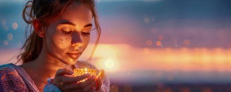 A woman&#39;s gentle hand lights a lantern as the sun sets, casting a warm glow against the twilight sky This poignant image captures the essence of Ramadan, celebrating tradition and spirituality in a moment of quiet contemplation The soft light and serene expression evoke a sense of peace and inner reflection AI Generativeの素材