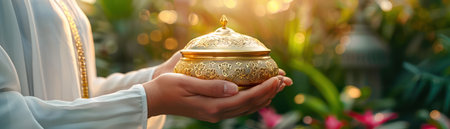 A man, with a serene expression, deposits money into a charity box during Ramadan This poignant image captures the essence of Zakat, the Islamic act of giving alms, as a symbol of generosity and spiritual growth during the holy month The act of giving, with a heartfelt intention, reflects the spirit of Ramadan, a time for reflection, compassion, and sharing blessings AI Generativeの素材