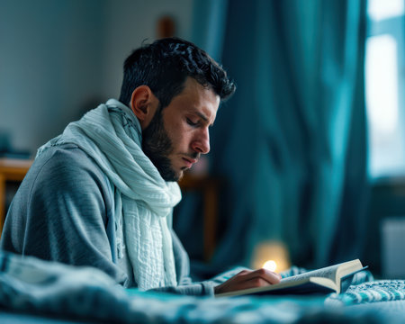 A man engrossed in the Quran, bathed in soft light, during Ramadan This serene image evokes a sense of peace, reflection, and spiritual connection The quiet room provides a sanctuary for personal devotion and seeking enlightenment The image perfectly captures the essence of Ramadan - a time for introspection and deepening faith AI Generativeの素材