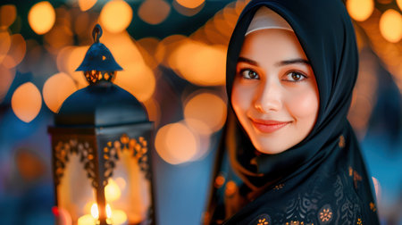 A radiant woman in a hijab smiles warmly, holding a lit lantern, symbolizing the joy and light of Ramadan  The image captures the spirit of the holy month, evoking feelings of spirituality, tradition, and celebration This is a perfect representation of the cultural significance and beauty of Ramadan AI Generativeの素材
