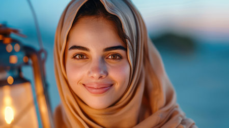 A radiant woman in hijab smiles warmly, holding a glowing lantern, celebrating the joy and light of Ramadan The image embodies the spirit of the holy month, reflecting happiness, peace, and reflection, while capturing the essence of Islamic tradition AI Generativeの素材