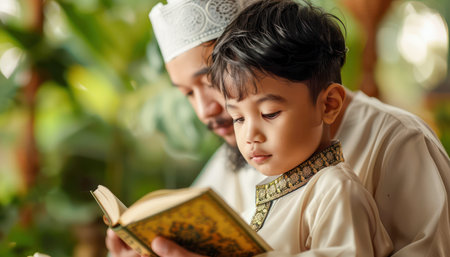 A Muslim family sits together during Ramadan, their eyes focused on the Quran  The warm glow of the lamp illuminates their faces as they share this sacred moment of reflection and worship  This image captures the essence of the holy month, where families come together to strengthen their spiritual connection and bond through the teachings of Islam AI Generativeの素材