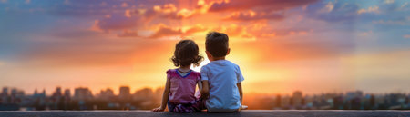 A woman and child stand on a rooftop, silhouetted against a breathtaking sunset Ramadan's fast is broken, and the air is filled with joy and gratitude This magical moment captures the essence of family bonding, spiritual reflection, and the beauty of a celebration marking the end of a holy month AI Generativeの素材