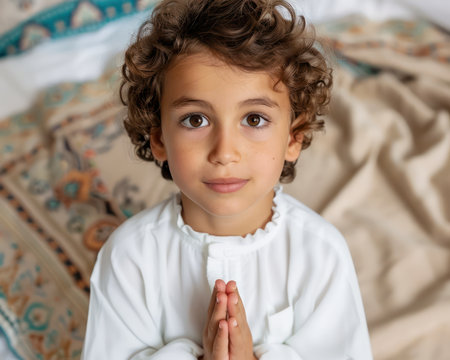 A young boy, radiating sincerity, prays during the early days of Ramadan  His heartfelt devotion shines through in this high-resolution image, capturing the essence of faith and spiritual connection  Perfect for inspiring faith-based and spiritual content AI Generativeの素材