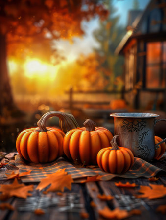 A charming Thanksgiving table setting featuring a cozy plaid runner and pumpkins Warm, inviting ambiance is created with rustic elements like gourds and fall foliage Perfect for a cozy family gathering Ideal for inspiring Thanksgiving decor ideas with a touch of rustic charm AI Generativeの素材