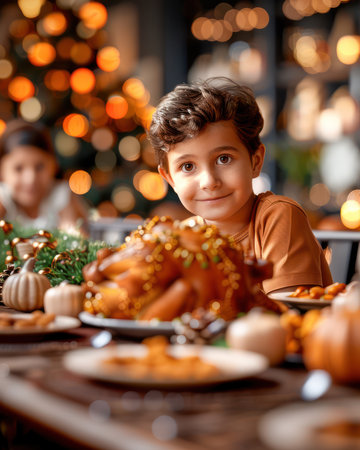 A heartwarming Thanksgiving scene unfolds as a family gathers around a beautifully set table, sharing laughter and delicious food in a cozy atmosphere The image captures the essence of gratitude and togetherness, making it perfect for holiday-themed projects AI Generativeの素材