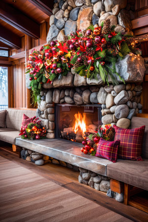 Create a warm and inviting atmosphere for Thanksgiving with this cozy fireplace scene  Adorned with festive fall decor, the crackling fire creates a magical ambiance for gatherings and celebrations  Enhance your home decor with these inspiring ideas for a truly special Thanksgiving experience AI Generativeの素材