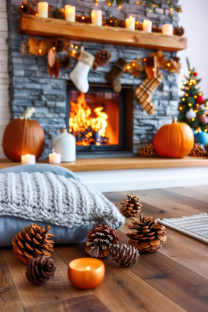 A warm and inviting fireplace scene perfect for Thanksgiving  The fireplace is adorned with pumpkins, gourds, and fall foliage, creating a festive atmosphere  The fire crackles merrily, adding to the cozy ambiance  Enjoy the warmth and comfort of this inviting space AI Generativeの素材