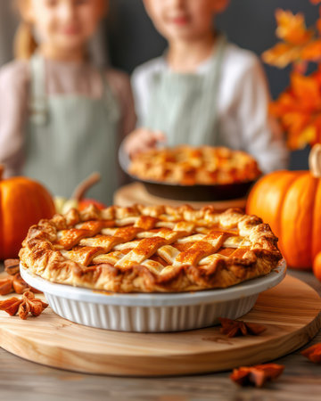 A heartwarming photo of a family baking pumpkin and apple pies together during the fall season Capture the joy of quality time spent in the kitchen, creating delicious memories and bonding over festive baking projects  This image evokes warmth, tradition, and the spirit of family AI Generativeの素材