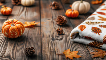 Elevate your Thanksgiving table with this festive and elegant runner Featuring autumnal designs of leaves, pumpkins, and pinecones, it creates a warm and cozy atmosphere for your fall dinner The runner is perfect for enhancing your celebration and adding a touch of rustic charm to your dining setting AI Generativeの素材