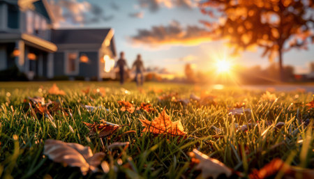 A heartwarming Thanksgiving tradition unfolds as a family strolls hand-in-hand through the crisp autumn air Bathed in the golden glow of the setting sun, they revel in the gentle breeze and vibrant fall foliage, creating lasting memories together AI Generativeの素材