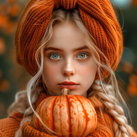 This charming image captures the essence of Thanksgiving with a young pilgrim girl proudly holding a plump pumpkin Dressed in traditional attire, she embodies the spirit of gratitude and harvest Perfect for autumn celebrations, this photograph adds a touch of vintage charm and authenticity to your Thanksgiving designs AI Generativeの素材
