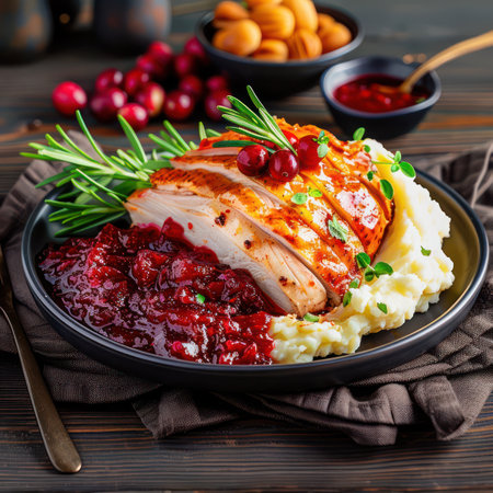 A classic Thanksgiving feast awaits! Savor the aroma of roasted turkey, perfectly complemented by creamy mashed potatoes and a vibrant cranberry sauce This festive spread captures the essence of gratitude and family gatherings, making it the perfect image for your Thanksgiving celebrations AI Generativeの素材