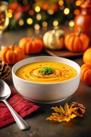 A steaming bowl of creamy butternut squash soup, the perfect comforting starter for your Thanksgiving feast Rich, vibrant orange hues and a smooth, velvety texture make this easy-to-make soup a cozy seasonal delight  Warm up your fall with this classic, savory dish AI Generativeの素材