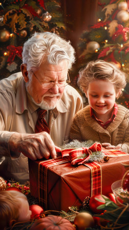 A heartwarming Thanksgiving celebration captures the joy of multigenerational family bonding Grandparents and grandchildren share laughter and love, creating cherished memories This image evokes warmth, togetherness, and the spirit of the holiday season AI Generativeの素材