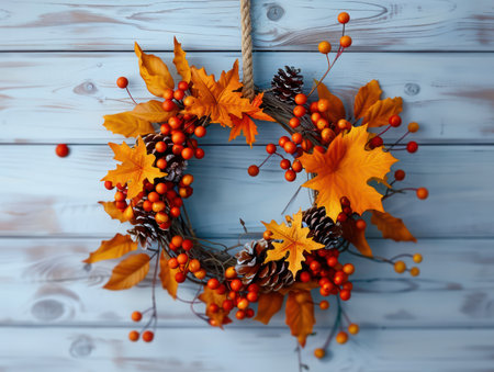 A vibrant Thanksgiving wreath bursting with autumnal colors Lush leaves, plump berries, and rustic elements create a welcoming centerpiece for your holiday decor  Perfect for celebrating with family and friends, this wreath adds a touch of festive charm to any home AI Generativeの素材