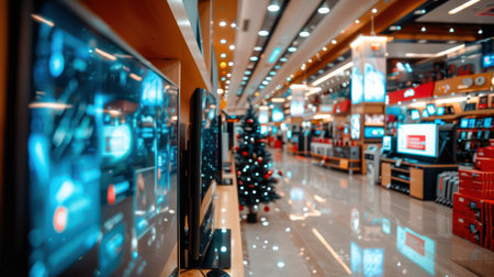 A bustling electronics store explodes with energy during a Black Friday sale Shoppers navigate through aisles overflowing with TVs, laptops, smartphones, and more, all marked with incredible discounts The air crackles with excitement as everyone hunts for the biggest deals of the year AI Generativeの素材